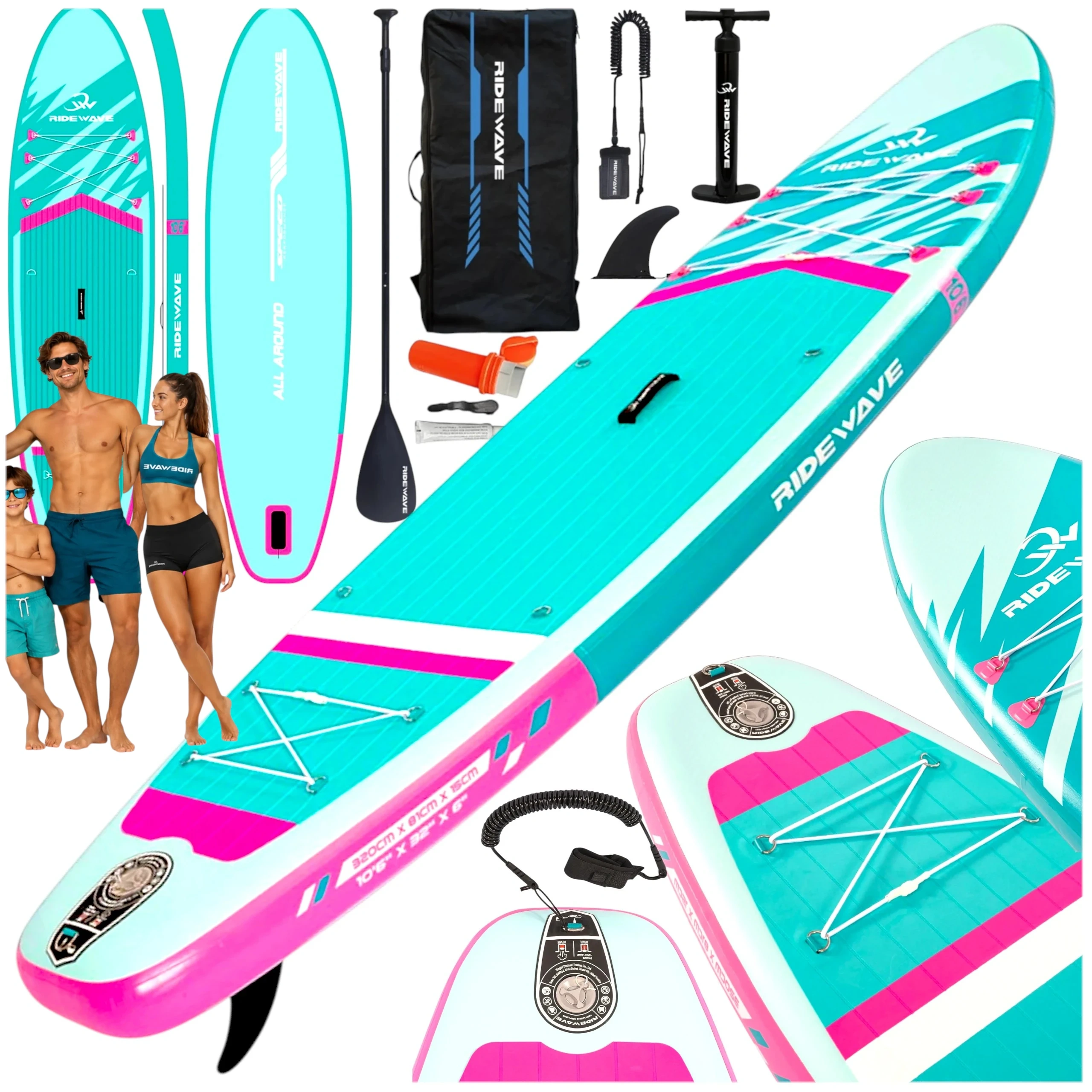 Deska SUP RIDEWAVE ALL AROUND 350 (11'5), uniwersalne, jasnoturkusowy / różowy - obrazek 18
