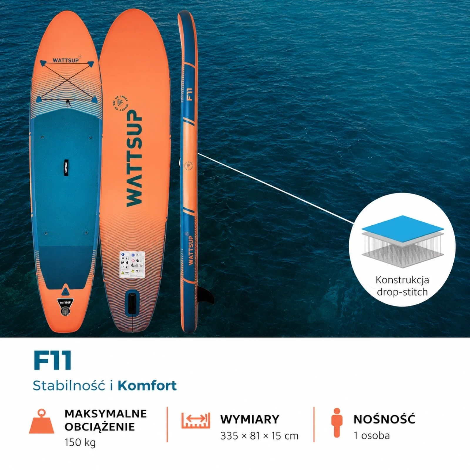 DESKA SUP WATTSUP F11 335 (11'), uniwersalne / Allround, pomarańczowy - obrazek 10