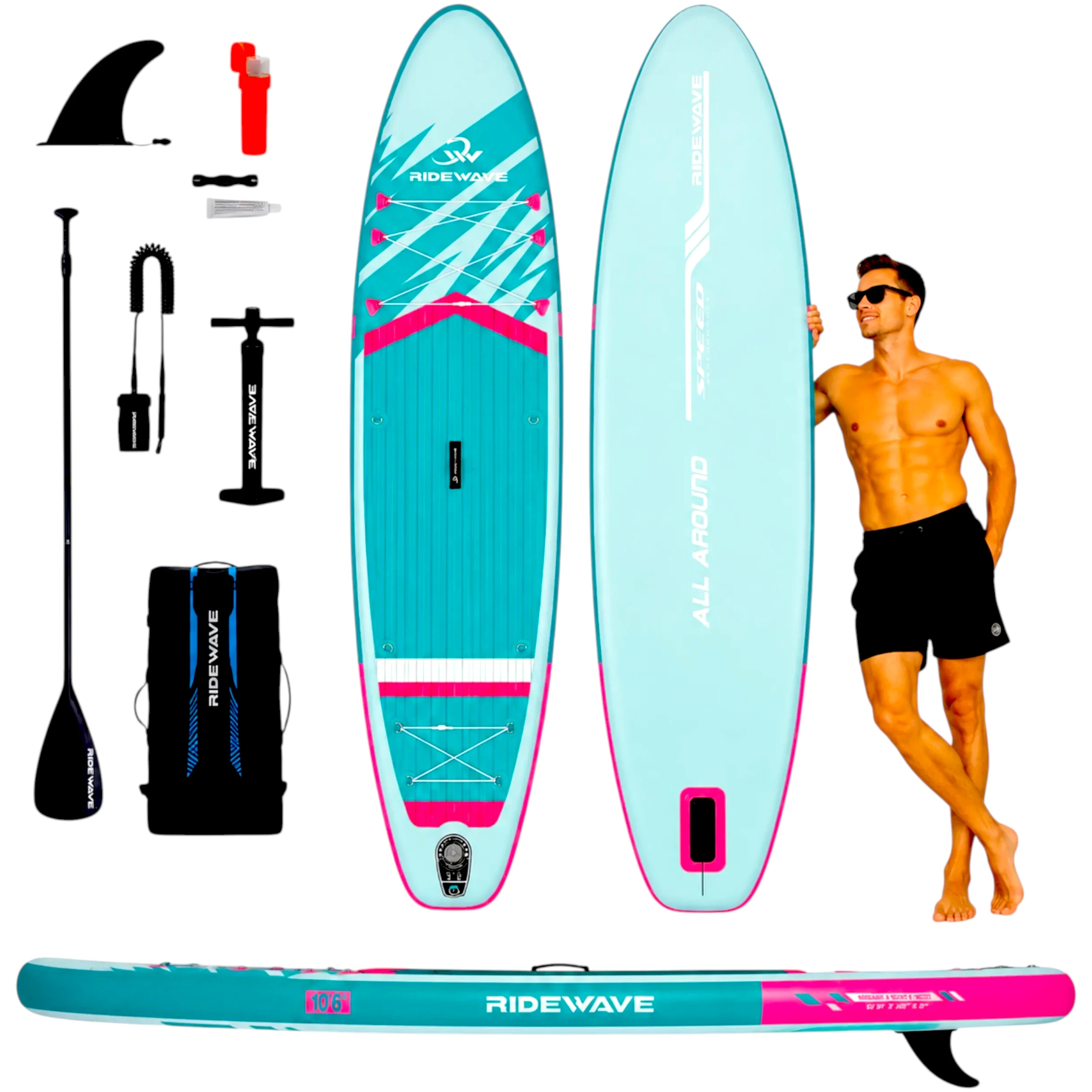 Deska SUP RIDEWAVE ALL AROUND 350 (11'5), uniwersalne, jasnoturkusowy / różowy - obrazek 17